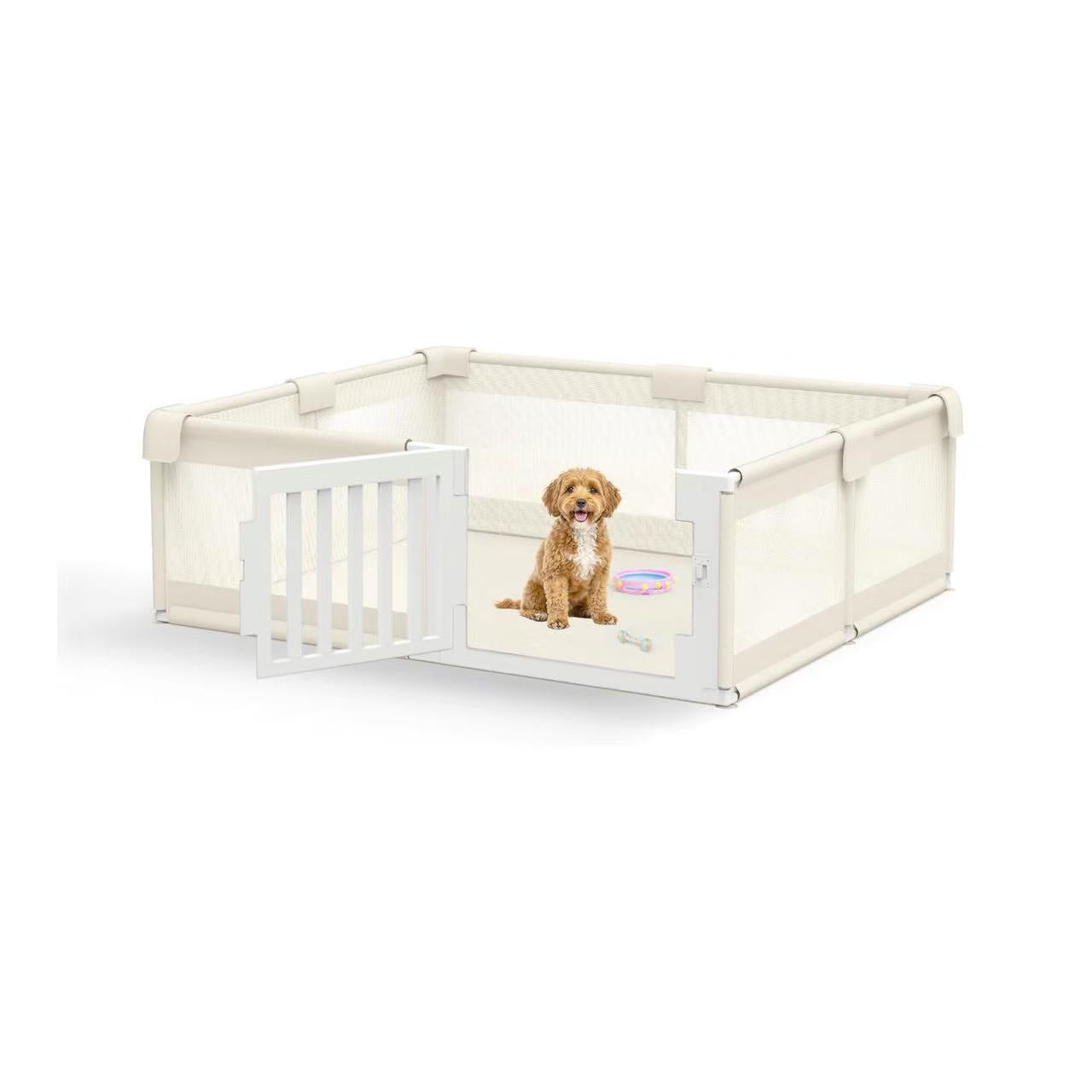 HD Dog Playpen with Door, 71x59x24 Inch Spacious Safe Play Area, Non-Slip Design Dog Pen Indoor, Whelping Box/Potty Training for Dogs, Beige